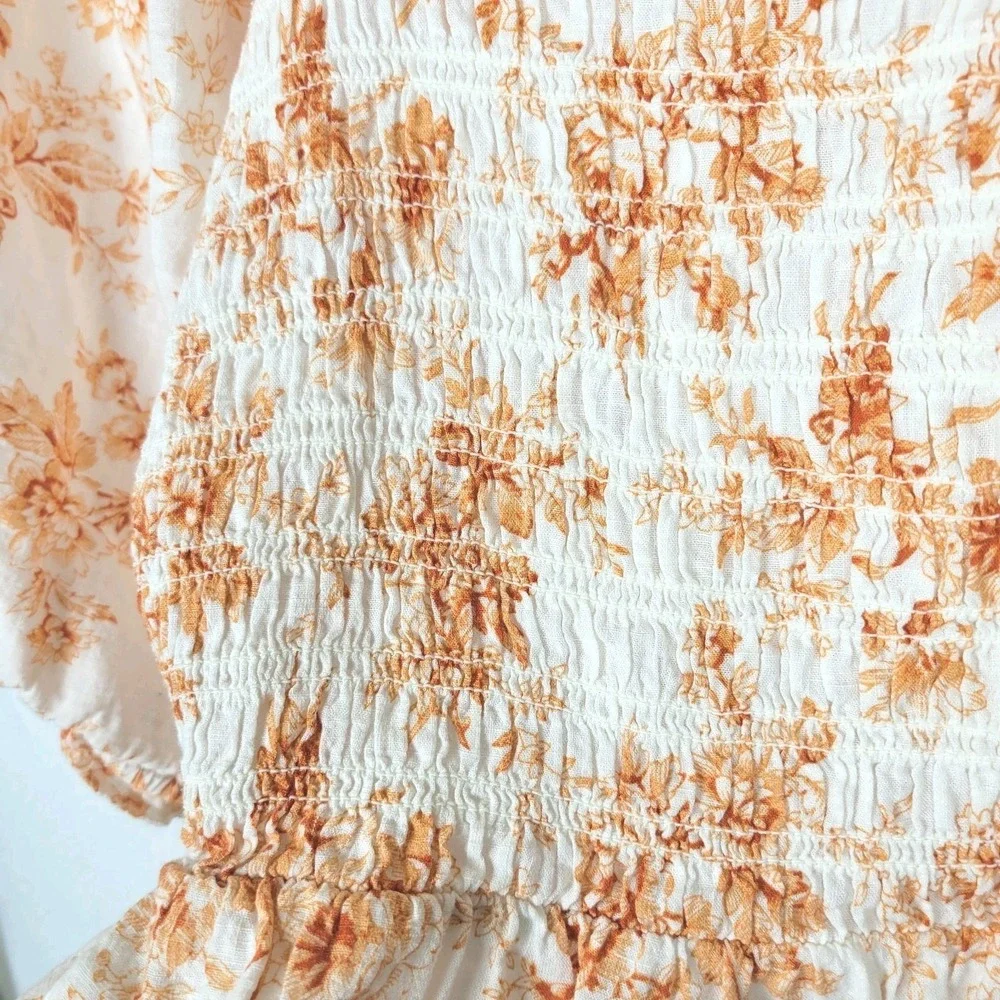 Loft Toile Smocked Peplum Blouse M Orange‎ Square Neck Puff Sleeves Peasant Boho